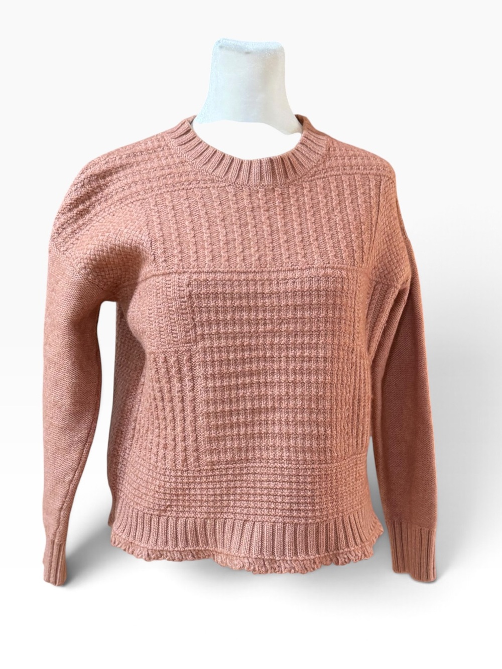 Madewell Stitchmix Patchwork Pullover Sweater Blush Pink Merino Wool Frayed Hem